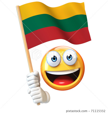 Emoji holding Lithuanian flag, emoticon waving national flag of Lithuania 3d rendering 71115332