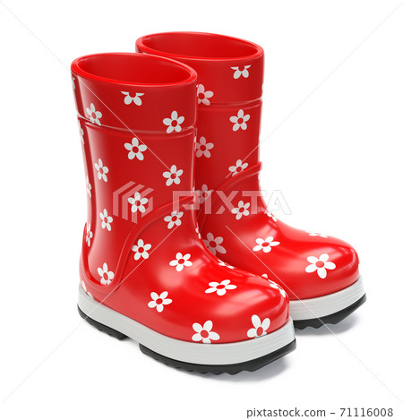 Red rubber girlie rain boots with flower print isolated on white background 3d rendering 71116008