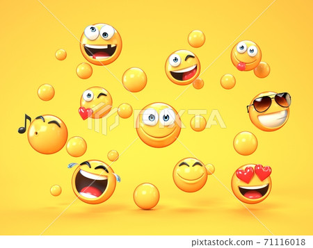 Various emojis on yellow background, 3d rendering 71116018