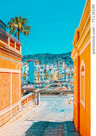 View of the embankment and the promenade in small resort town-Si 71116199