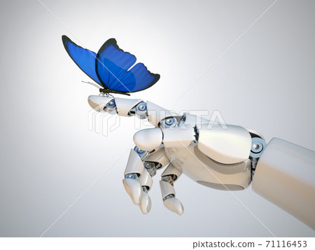 Butterfly on robot hand, technology and nature 3d rendering Butterfly on robot hand, technology and nature 3d rendering 71116453