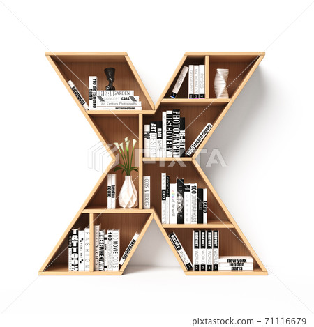 Bookshelves 3d font. Alphabet in the form of book shelves. Mockup font, 3d rendering. Letter X Bookshelves 3d font. Alphabet in the form of book shelves. Mockup font, 3d rendering. Letter X 71116679