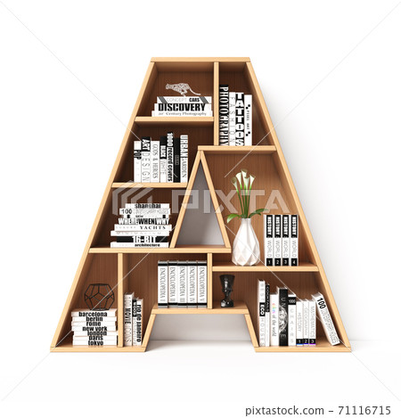 Bookshelves 3d font. Alphabet in the form of book shelves. Mockup font, 3d rendering. Letter A 71116715