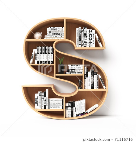 Bookshelves 3d font. Alphabet in the form of book shelves. Mockup font, 3d rendering. Letter S 71116716