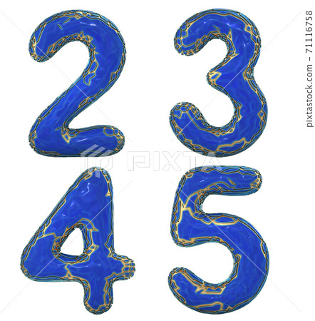 Number set 2, 3, 4, 5 made of realistic 3d render golden shining metallic. Collection of gold shining metallic with blue color plastic symbol 71116758
