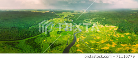 Aerial View Of Summer Curved River Landscape In Sunny Summer Day. Top View Of Beautiful European Nature From High Attitude In Summer Season. Drone View. Bird's Eye View. 71116779