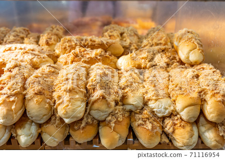 Pile of delicious bread with dried meat floss topping 71116954