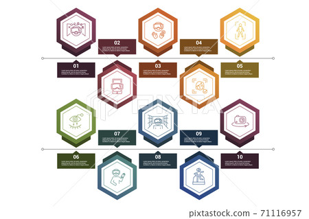 Infographic Augmented Reality template. Icons in different colors. Include Augmented Reality, Ar App, Virtual Reality, Facial Recognition and others. 71116957