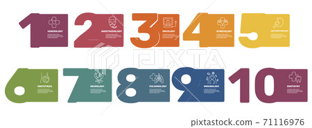 Infographic Medical template. Icons in different colors. Include Venerology, Anesthesiology, Oncology, Gynecology and others. 71116976