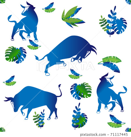Vector seamless ornament with bulls and leaves and flowers. 2021 year of the bull on the Chinese calendar 71117445