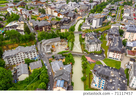 Aerial view of villages and town in Chamonix valley Aerial view of villages and town in Chamonix valley 71117457