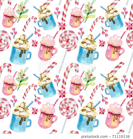 Watercolor sweets pattern. Seamless background with hand drawn food objects: cupcakes, chocolate, lollipop, fresh donut, nuts candy, fruit ice cream. cute wallpaper Watercolor sweets pattern. Seamless background with hand drawn food objects: cupcakes, chocolate, lollipop, fresh donut, nuts candy, fruit ice cream. cute wallpaper 71118136