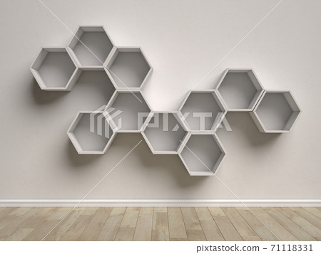 Empty interior with hexagon shelves on the wall Empty interior with hexagon shelves on the wall 71118331