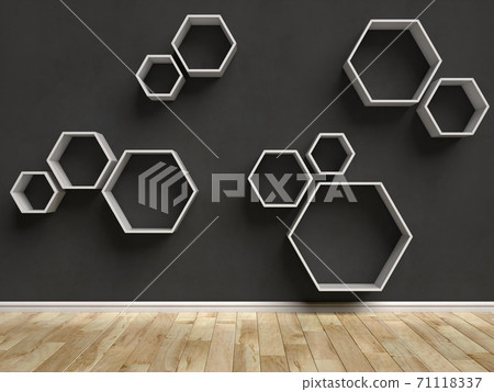 Empty interior with hexagon shelves on the wall 71118337