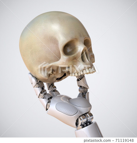 Robotic hand holding human scull, artificial intelligence concept, AI takeover, 3d rendering 71119148