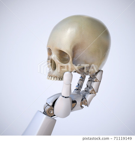 Robotic hand holding human scull, artificial intelligence concept, AI takeover, 3d rendering 71119149