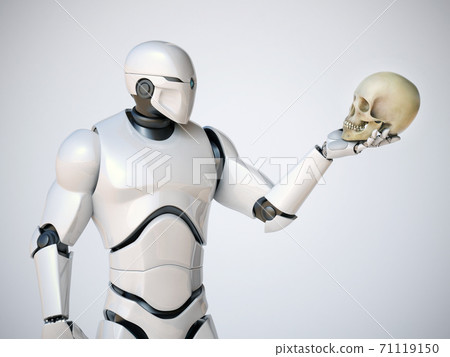 Robot holding human scull, AI takeover concept, automation, artificial intelligence 3d rendering 71119150