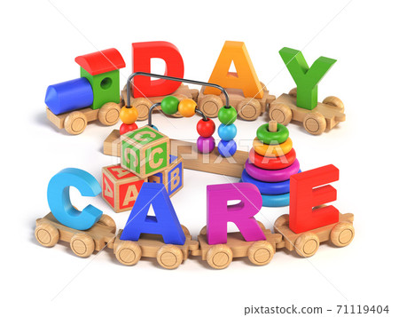 Wooden toy train with DAY CARE letters as railroad cars 3d rendering 71119404