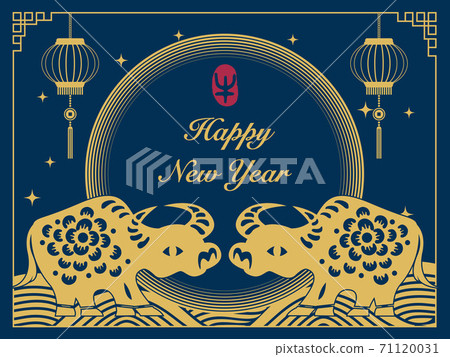 2021 Happy Chinese new year of ox curve wave and lantern decoration. Chinese Translation 2021 Happy Chinese new year of ox curve wave and lantern decoration. Chinese Translation 71120031