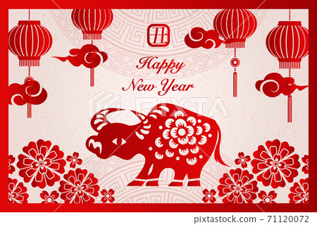 2021 Happy Chinese new year red relief ox flower lantern and cloud. Chinese Translation 71120072