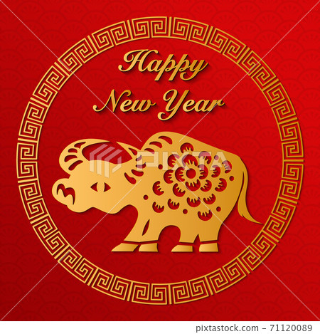 2021 Happy Chinese new year gold relief Zodiac sign ox and round lattice frame. 2021 Happy Chinese new year gold relief Zodiac sign ox and round lattice frame. 71120089