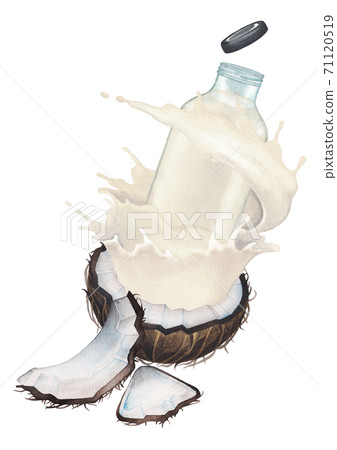 Watercolor milk stream with flowing around the glass bottle from the sliced coconut Watercolor milk stream with flowing around the glass bottle from the sliced coconut 71120519