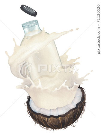 Watercolor milk stream with flowing around the glass bottle from the sliced coconut 71120520
