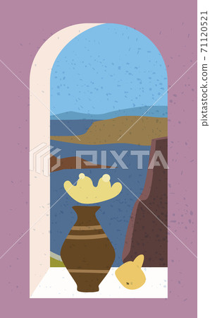 Open old window with landscape absctract view and stillife, vase, friut. Mountains sea and ocean. Minimal modern boho trendy style. Vector illustration flat isolated Open old window with landscape absctract view and stillife, vase, friut. Mountains sea and ocean. Minimal modern boho trendy style. Vector illustration flat isolated 71120521