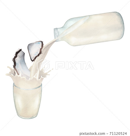 Watercolor plant based milk pouring out from the glass bottle into the cup with a splashes and decorated with coconuts Watercolor plant based milk pouring out from the glass bottle into the cup with a splashes and decorated with coconuts 71120524