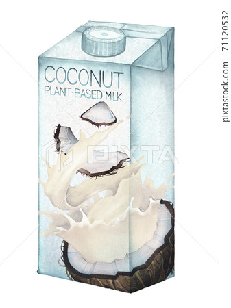 Watercolor carton of plant based milk decorated with coconuts Watercolor carton of plant based milk decorated with coconuts 71120532