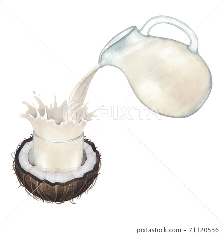 Watercolor plant based coconut milk pouring out from the glass jug into the cup 71120536