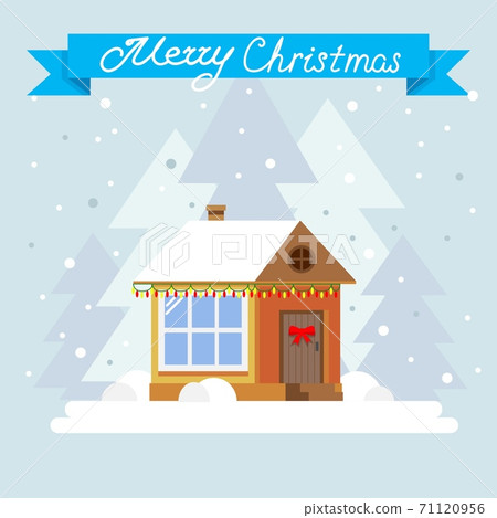 Merry Christmas and Happy New Year greeting card. Winter holidays landscape with snow covered village. Merry Christmas and Happy New Year greeting card. Winter holidays landscape with snow covered village. 71120956