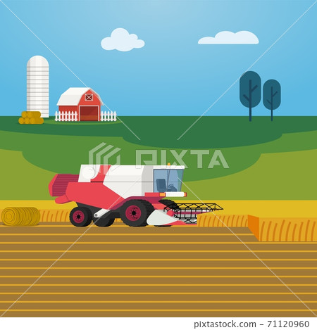 Vector illustration on farming and agriculture with combine harvester harvesting grain crops. Vector illustration on farming and agriculture with combine harvester harvesting grain crops. 71120960