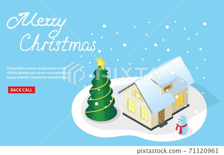 Isometric vector illustration on a Christmas theme beautiful house in a snow and decorated tree by a holiday tree with gifts Isometric vector illustration on a Christmas theme beautiful house in a snow and decorated tree by a holiday tree with gifts 71120961