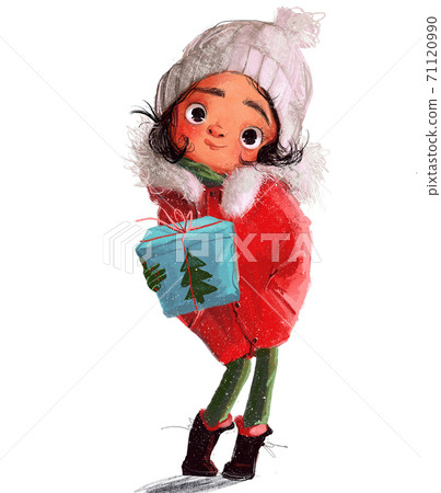 cute little winter girl in red jacket with present box cute little winter girl in red jacket with present box 71120990
