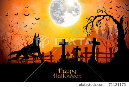 Halloween background with black wolf in graveyard Halloween background with black wolf in graveyard 71121173