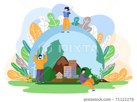 People walking near the globe and joyfully raise their hands up. Tiny people saving world ecology 71122278