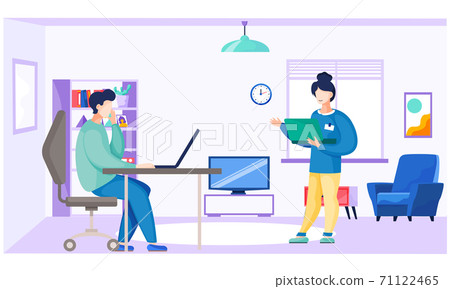 People man and woman, colleagues, office workers indoors with computers talking, communicating People man and woman, colleagues, office workers indoors with computers talking, communicating 71122465