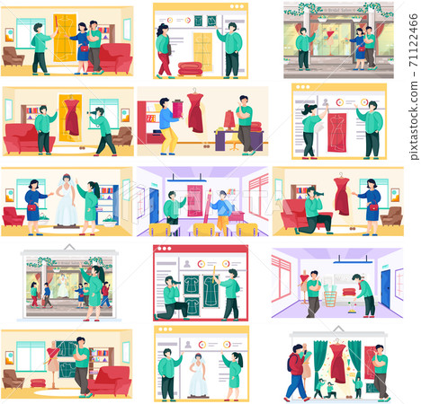 Tailor and customers at fashion atelier studio workshop, bridal salon. Clothes store interior Tailor and customers at fashion atelier studio workshop, bridal salon. Clothes store interior 71122466