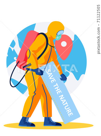 Agricultural worker spraying pesticide. Man in special suit and facial mask with equipment 71122505