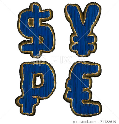 Set of symbols dollar, yen, rouble, euro made of industrial metal 3D 71122619