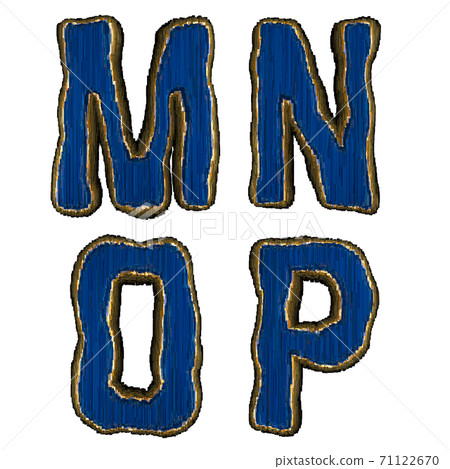Set of alphabet letters M, N, O, P made of industrial metal blue color. Isolated white background. 3d 71122670