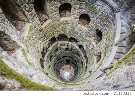 The Initiation well of Quinta da Regaleira park in Sintra, Portugal. The view from the top down 71123325