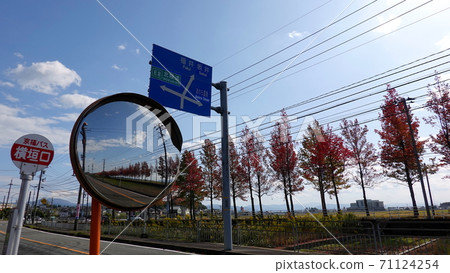 彎曲的鏡子，反射藍天，道路反射器 71124254