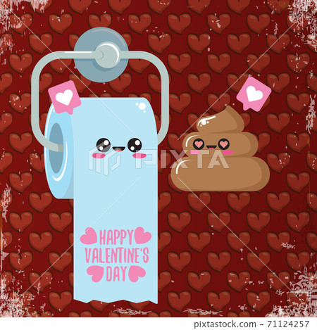 Funky poo and toilet paper falling in love. Valentines day cartoon funky greeting card or banner with paper roll and poo character isolated on red background with hearts. 14 february banner 71124257