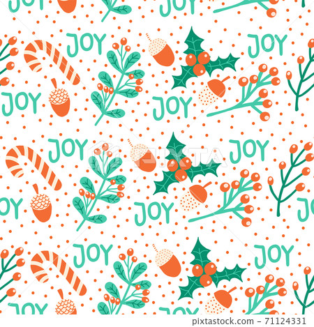 Seamless Christmas pattern hand drawn vector illustration candy cane, mistletoe, nut, joy lettering Seamless Christmas pattern hand drawn vector illustration candy cane, mistletoe, nut, joy lettering 71124331