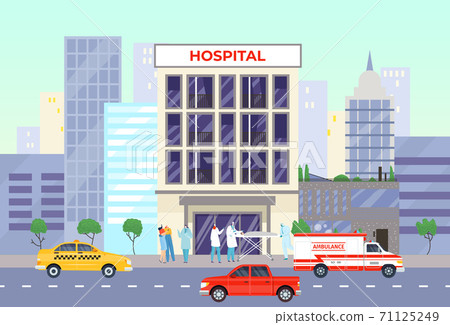 Medical building for care health, emergency clinic with ambulance, vector illustration. Cartoon medicine hospital with modern nurse, doctor Medical building for care health, emergency clinic with ambulance, vector illustration. Cartoon medicine hospital with modern nurse, doctor 71125249