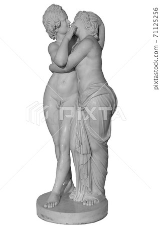 Ancient Amour and Psyche lovers statue. Kissing marble man and woman statue isolated on white background. 71125256