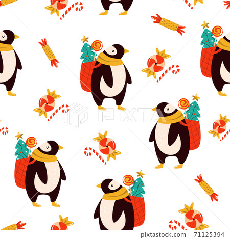 Festive seamless pattern with cute penguins, Christmas trees and candies. 71125394