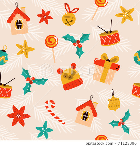 Christmas seamless pattern with festive decorative elements and symbols. 71125396